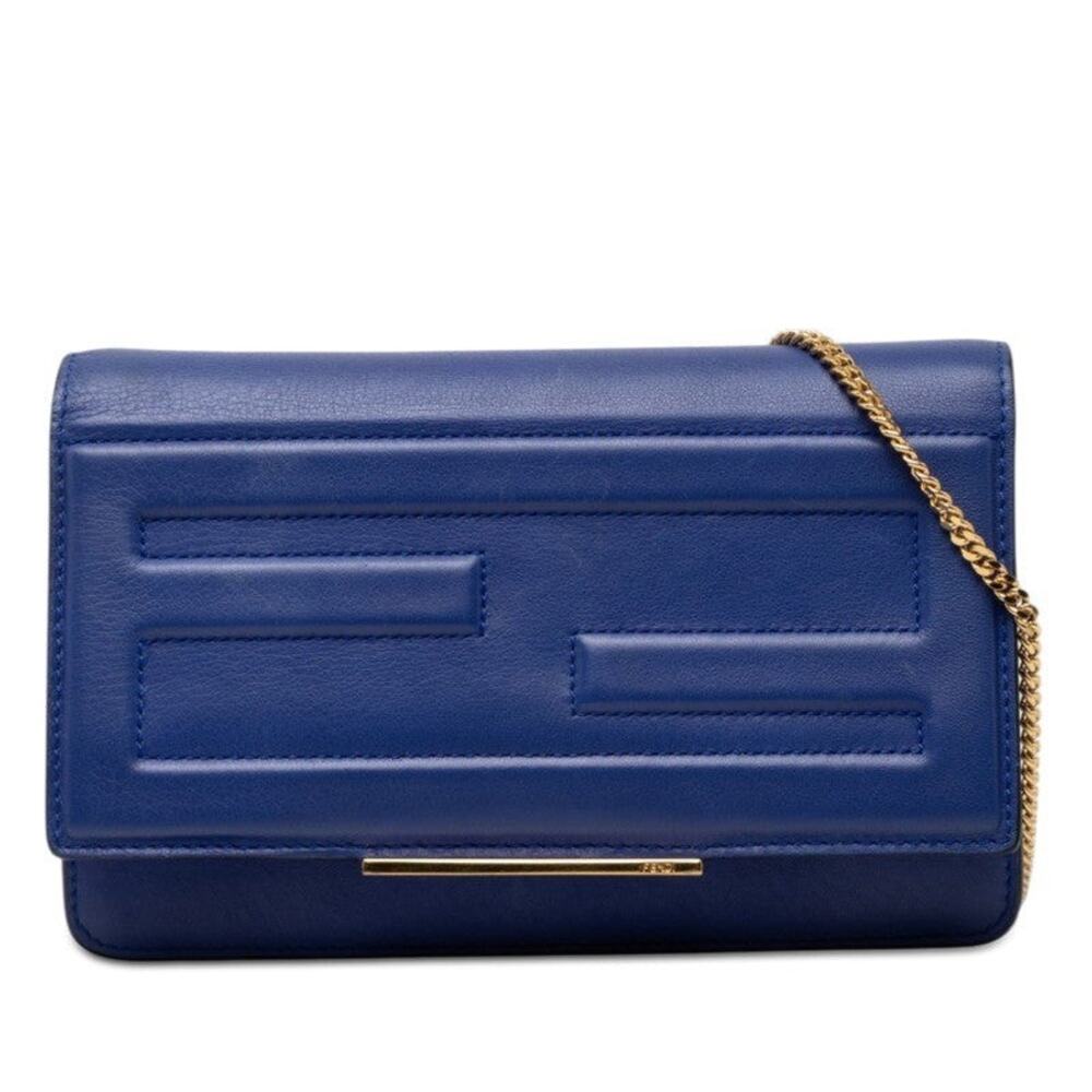 Fendi Leather FF Logo Chain Shoulder Bag Blue